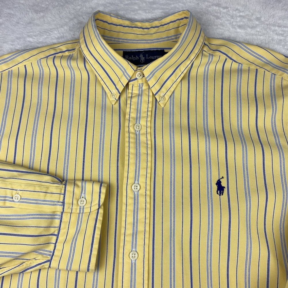Ralph Lauren Shirt Mens XL Yellow w/Blue Stripes Classic Fit Long Sleeves